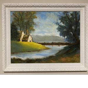 Large Oil Painting on Board Landscape Peaceful Lake view Framed Shabby Chic Folk